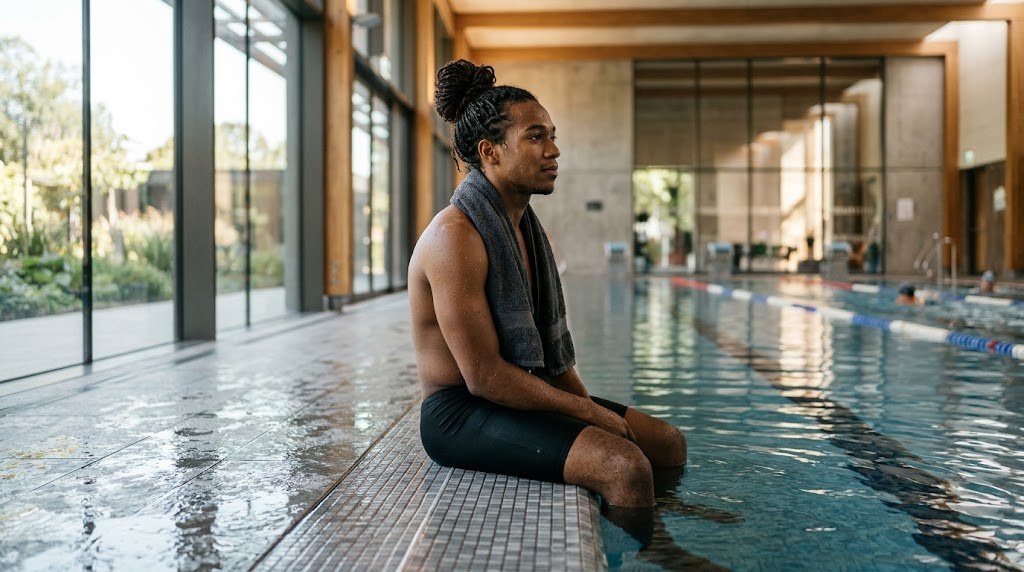 Homme aux longues locks attachées en chignon assis au bord d'une piscine intérieure après sa séance de natation